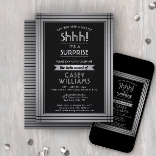 Surprise Retirement Party Elegant Black Silver Invitation