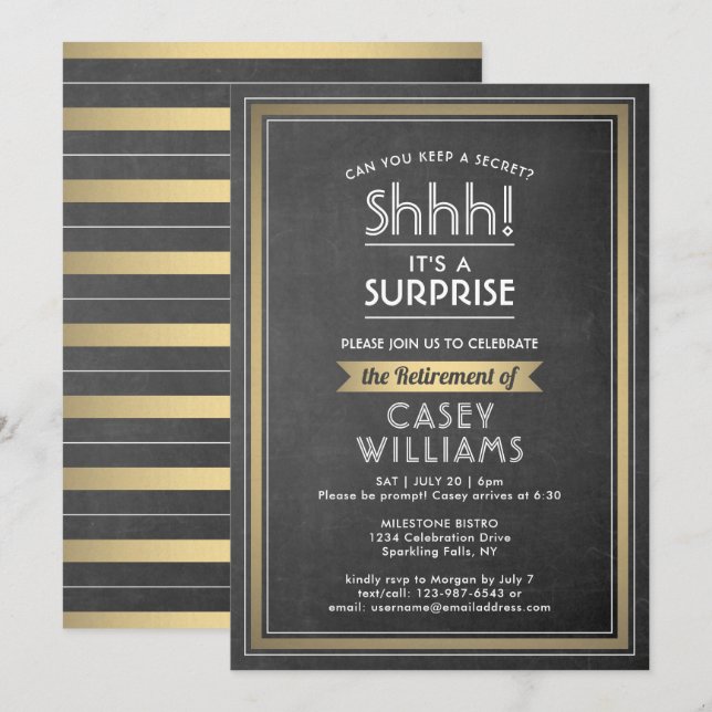 Surprise Retirement Party Elegant Chalkboard Gold Invitation (Front/Back)
