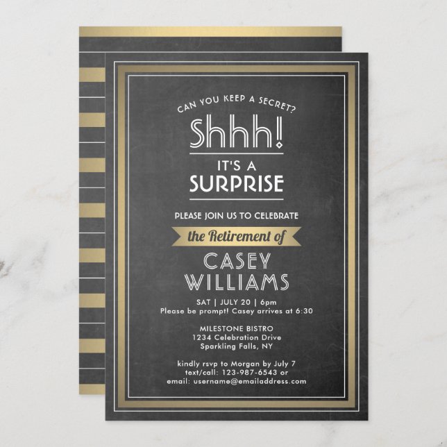 Surprise Retirement Party Elegant Chalkboard Gold Invitation (Front/Back)