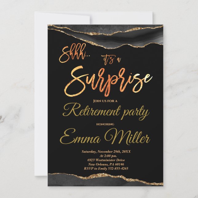 Surprise Retirement Party, Elegant Gold and Black Invitation (Front)