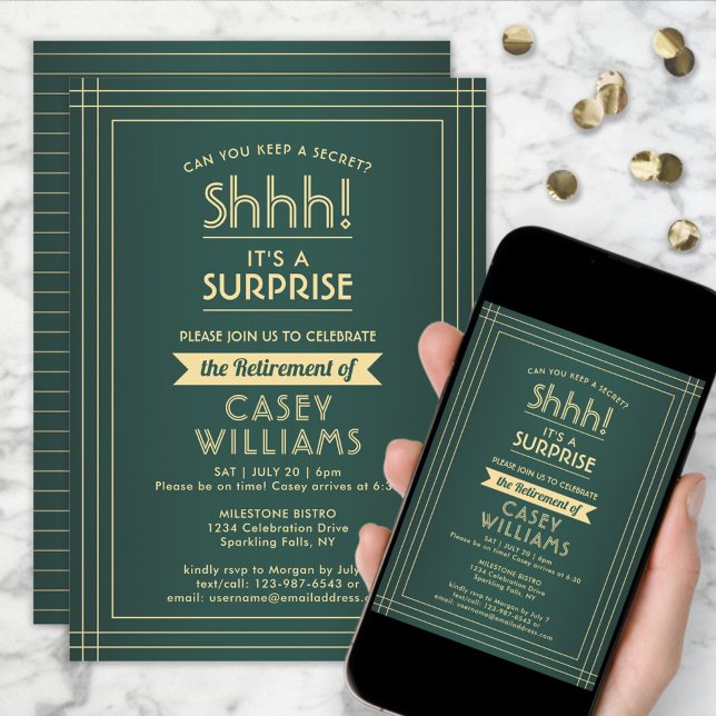 Surprise Retirement Party Elegant Green and Gold Invitation (Creator Uploaded)