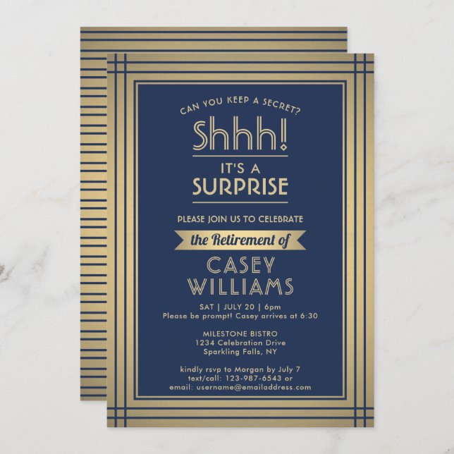 Surprise Retirement Party Elegant Navy Blue & Gold Invitation (Front/Back)