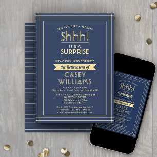 Surprise Retirement Party Elegant Navy Blue & Gold Invitation