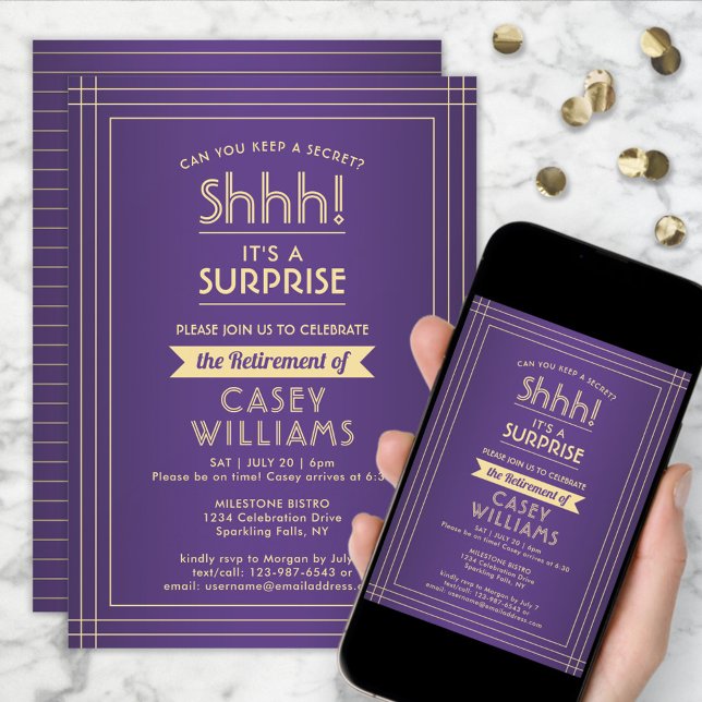 Surprise Retirement Party Elegant Purple and Gold Invitation (Creator Uploaded)