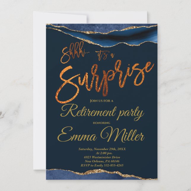 Surprise Retirement Party, Gold and Navy Invitation (Front)