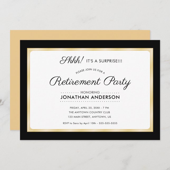 Surprise Retirement Party Horizontal Black & Gold Invitation (Front/Back)