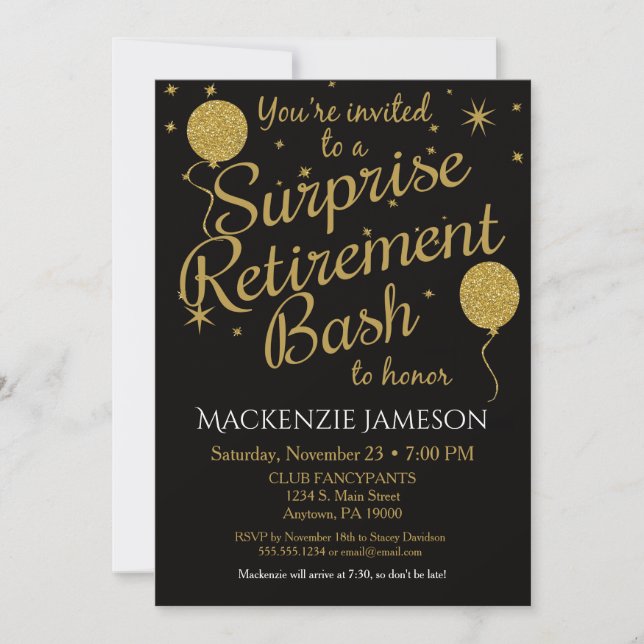 Surprise Retirement Party Invitation Gold Balloons (Front)