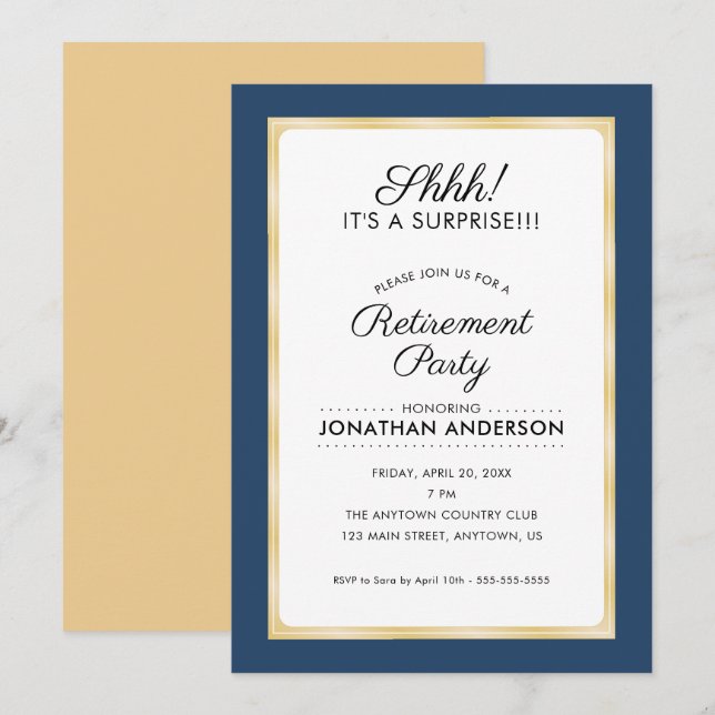 Surprise Retirement Party | Navy Blue and Gold Invitation (Front/Back)