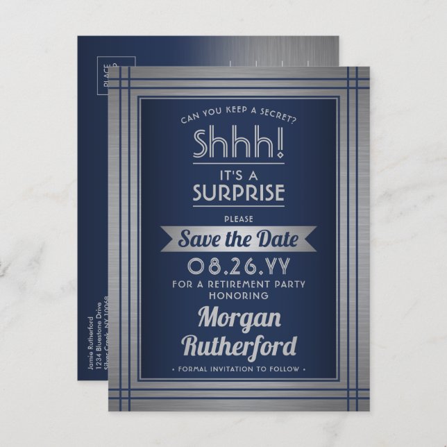 Surprise Retirement Party Navy Blue Save the Date Announcement Postcard (Front/Back)