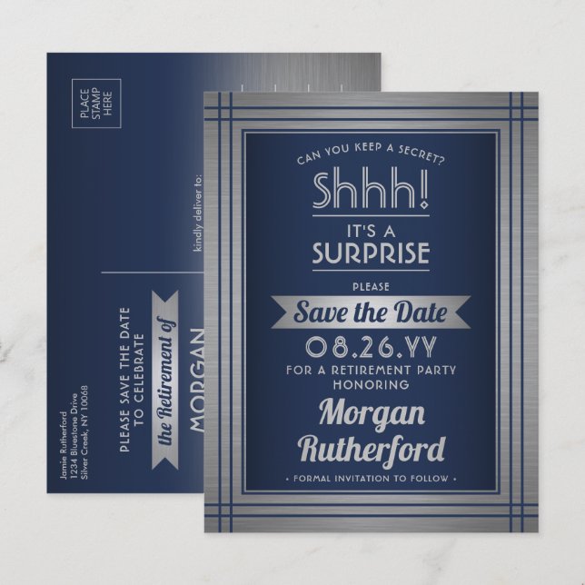 Surprise Retirement Party Navy Blue Save the Date Announcement Postcard (Front/Back)