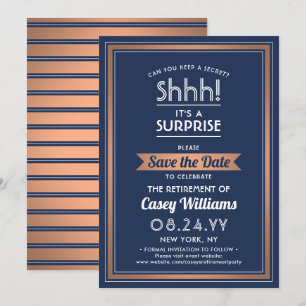 Surprise Retirement Party Navy Blue White & Copper Save The Date