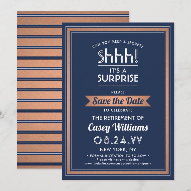 Surprise Retirement Party Navy Blue White & Copper Save The Date (Front/Back)
