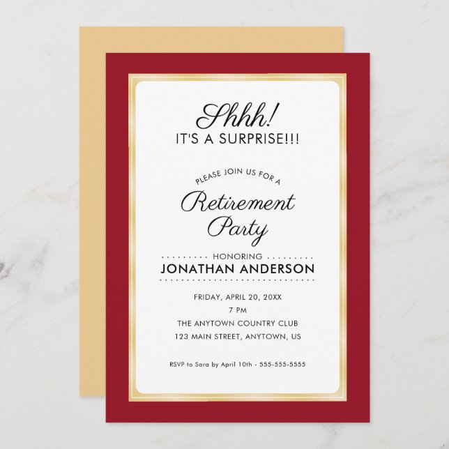 Surprise Retirement Party | Red and Gold Invitation (Front/Back)