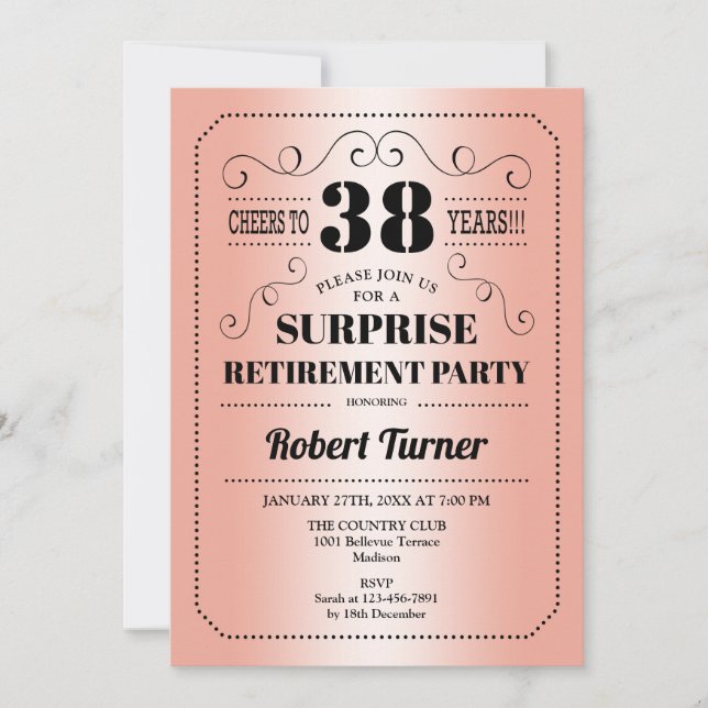 Surprise Retirement Party - Rose Gold Black Invitation (Front)