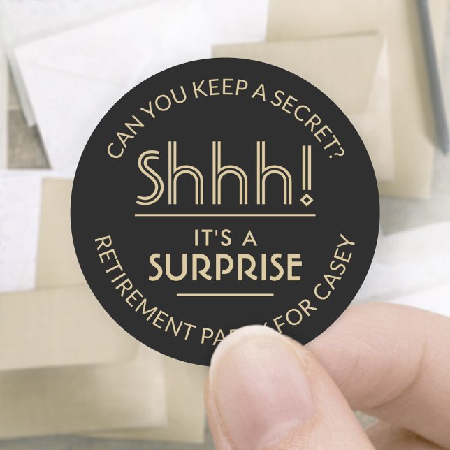Surprise Retirement Party Shhh! Elegant Black Gold Classic Round Sticker (Creator Uploaded)