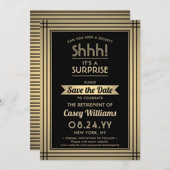 Surprise Retirement Party Shhh! Elegant Black Gold Save The Date (Front/Back)