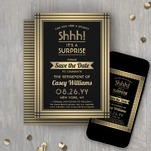 Surprise Retirement Party Shhh! Elegant Black Gold Save The Date
