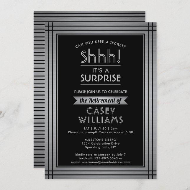 Surprise Retirement Party Shhh! Elegant Black Invitation (Front/Back)