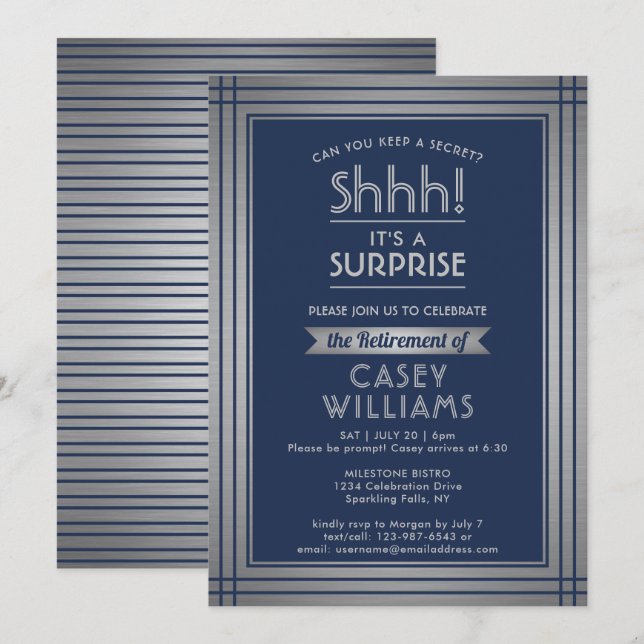 Surprise Retirement Party Shhh! Elegant Navy Blue Invitation (Front/Back)