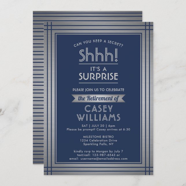 Surprise Retirement Party Shhh! Elegant Navy Blue Invitation (Front/Back)