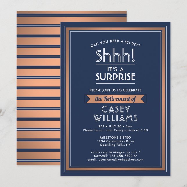 Surprise Retirement Party Shhh! Navy Blue & Copper Invitation (Front/Back)