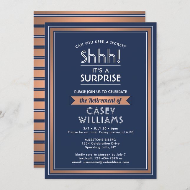 Surprise Retirement Party Shhh! Navy Blue & Copper Invitation (Front/Back)