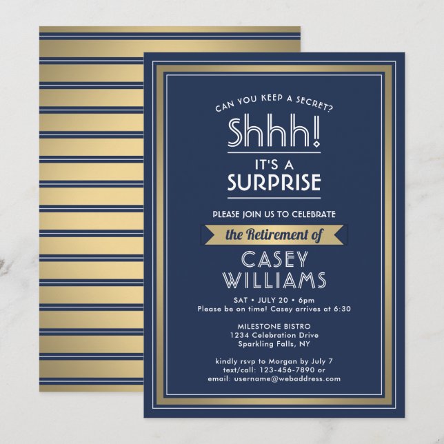 Surprise Retirement Party Shhh! Navy Blue & Gold Invitation (Front/Back)