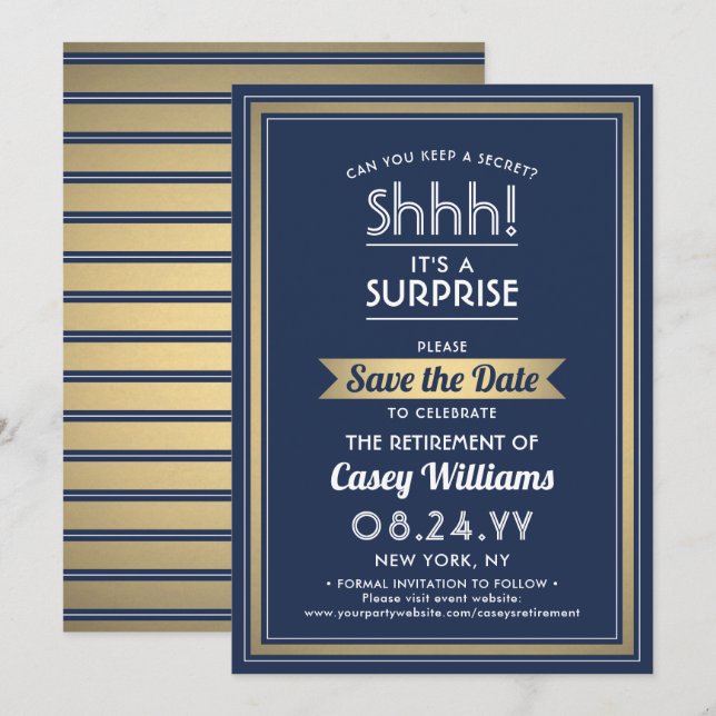 Surprise Retirement Party Shhh! Navy Blue & Gold Save The Date (Front/Back)
