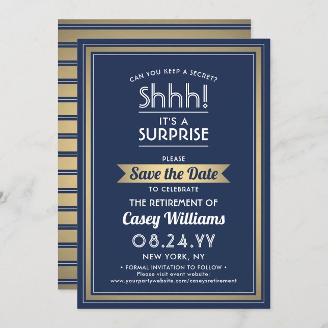 Surprise Retirement Party Shhh! Navy Blue & Gold Save The Date (Front/Back)