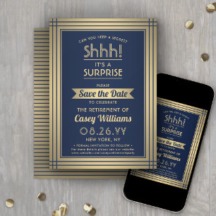 Surprise Retirement Party Shhh! Navy Blue & Gold Save The Date
