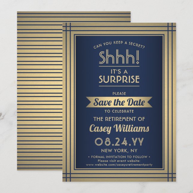 Surprise Retirement Party Shhh! Navy Blue & Gold Save The Date (Front/Back)