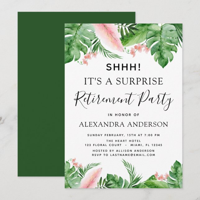 Surprise Retirement Party Tropical Palm Floral Invitation (Front/Back)