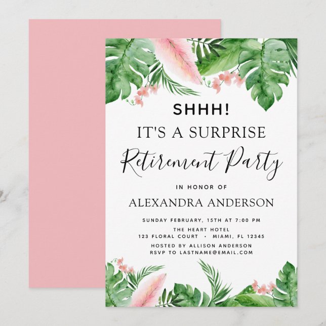 Surprise Retirement Party Tropical Palm Floral Invitation (Front/Back)
