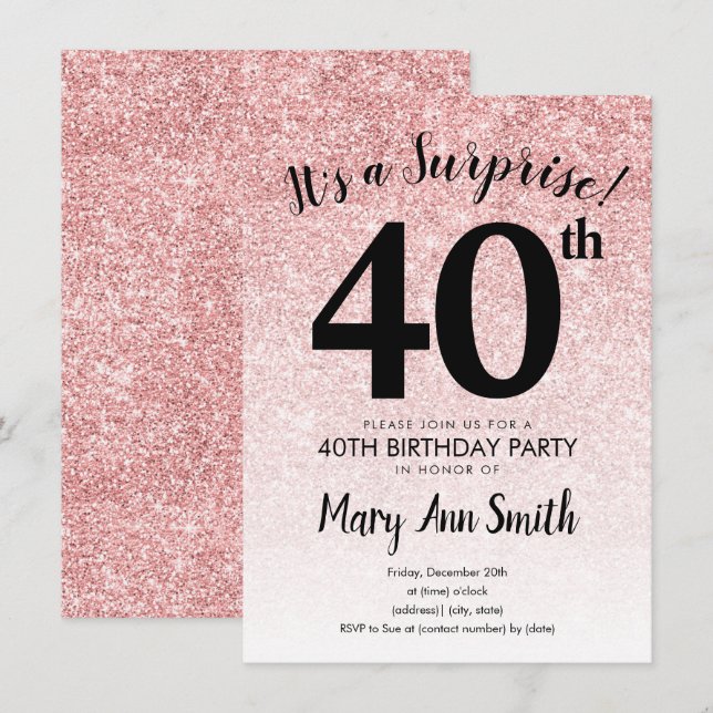 Surprise Rose Gold Glitter 40th Birthday Party   Invitation (Front/Back)