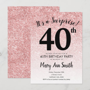 Surprise Rose Gold Glitter 40th Birthday Party Invitation