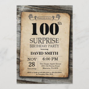Surprise Rustic 100th Birthday Invitation Vintage
