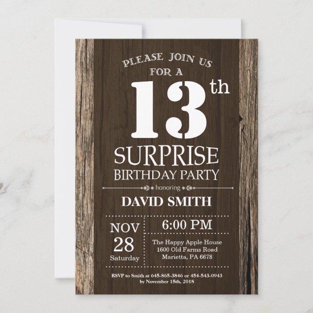 Surprise Rustic 13th Birthday Invitation Vintage (Front)