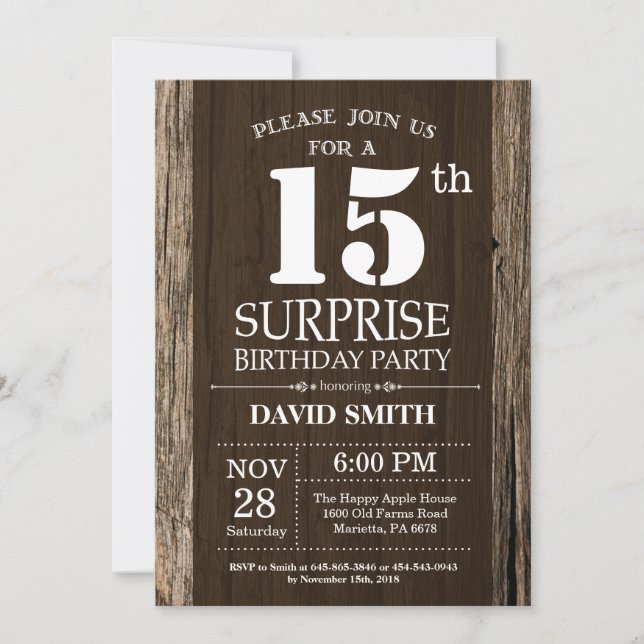 Surprise Rustic 15th Birthday Invitation Vintage (Front)