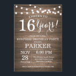Surprise Rustic 16th Birthday Invitation Wood<br><div class="desc">Surprise Rustic 16th Birthday Invitation Wood Background with String Lights. 13th 15th 16th 18th 20th 21st 30th 40th 50th 60th 70th 80th 90th 100th, Any age. Adult Birthday. Woman or Man Male Birthday Party. For further customisation, please click the "Customise it" button and use our design tool to modify this...</div>