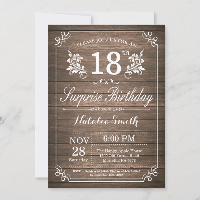 Surprise Rustic 18th Birthday Invitation Floral (Front)