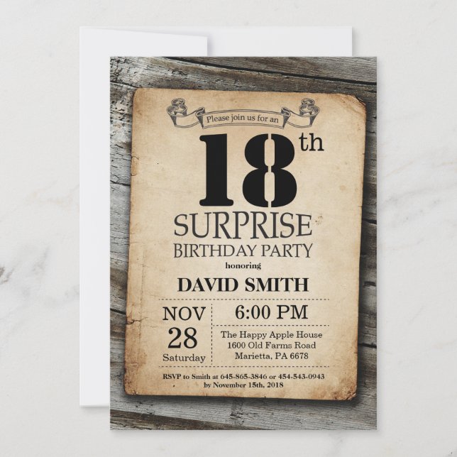 Surprise Rustic 18th Birthday Invitation Vintage (Front)