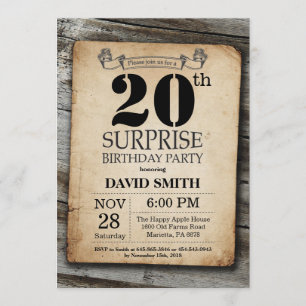 Surprise Rustic 20th Birthday Invitation Vintage