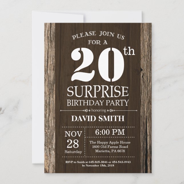 Surprise Rustic 20th Birthday Invitation Vintage (Front)