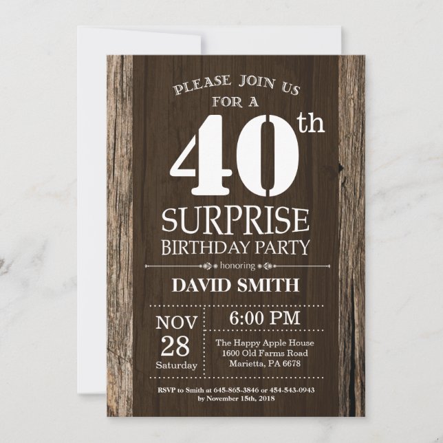Surprise Rustic 40th Birthday Invitation Vintage (Front)