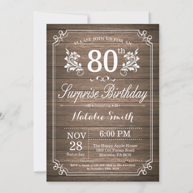 Surprise Rustic 80th Birthday Invitation Floral (Front)