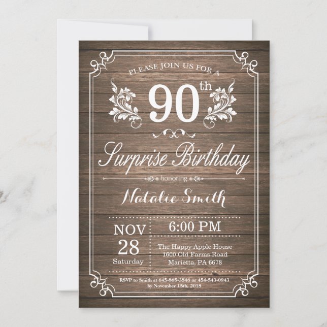 Surprise Rustic 90th Birthday Invitation Floral (Front)