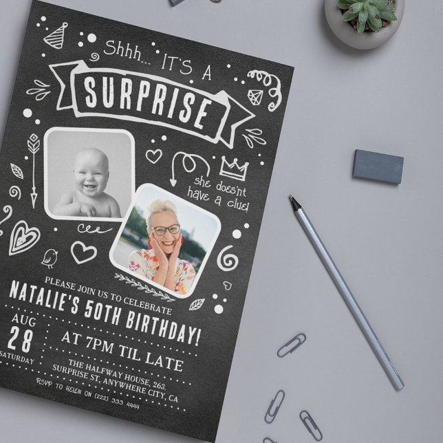 Surprise Rustic Chalk Doodle 2 Photo Birthday Invitation (Creator Uploaded)