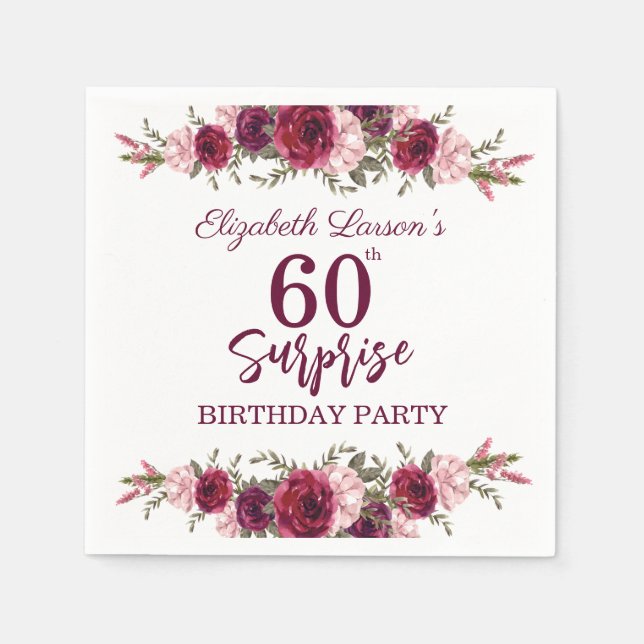 Surprise Senior Birthday Party Floral Burgundy Napkin (Front)