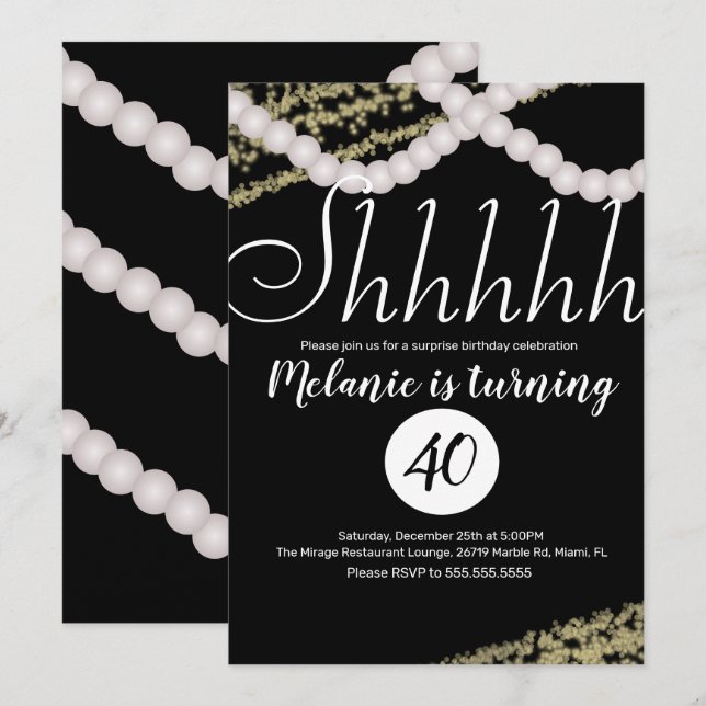 Surprise Shhhhhh Pearl Foil Birthday Party Invitation (Front/Back)