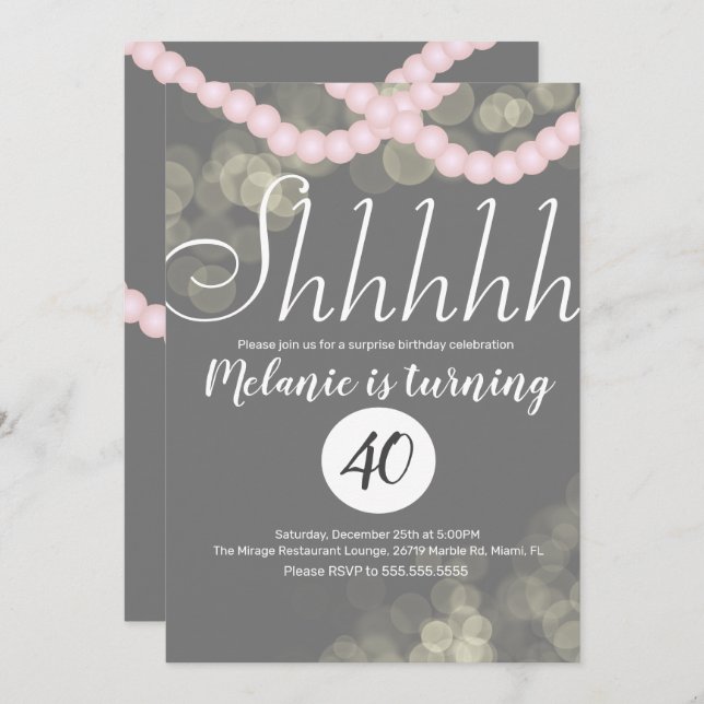 Surprise Shhhhhh Pink Pearl Bokeh Birthday Party Invitation (Front/Back)